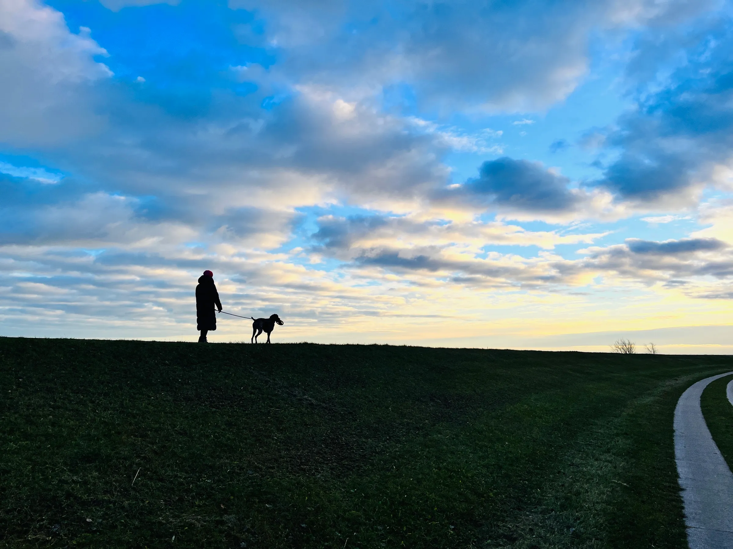 Silhouette eines Spaziergängers mit Hund auf dem Deich im Abendlicht